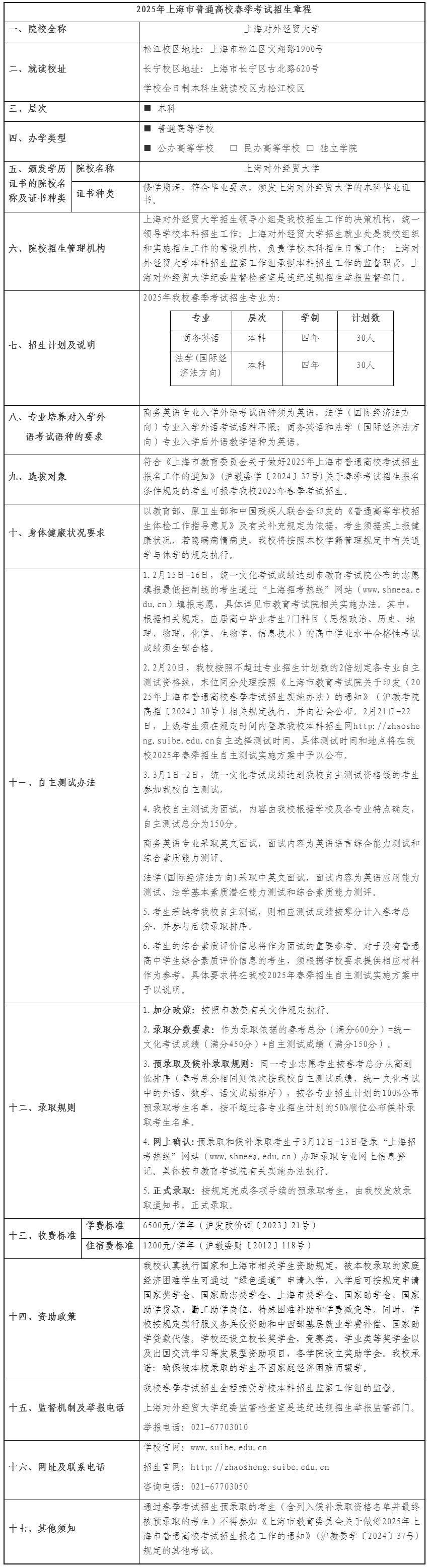上海對外經(jīng)貿(mào)大學(xué)2025年春季考試招生章程