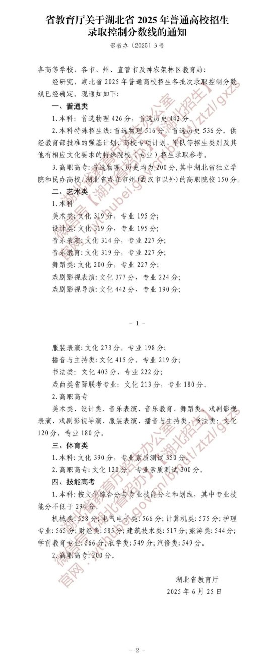 湖北省2025年普通高校招生錄取控制分?jǐn)?shù)線