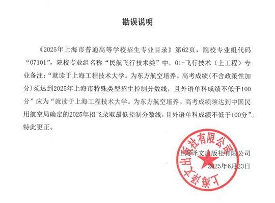 關于本科提前批次中上海工程技術大學飛行技術專業(yè)報考要求的說明